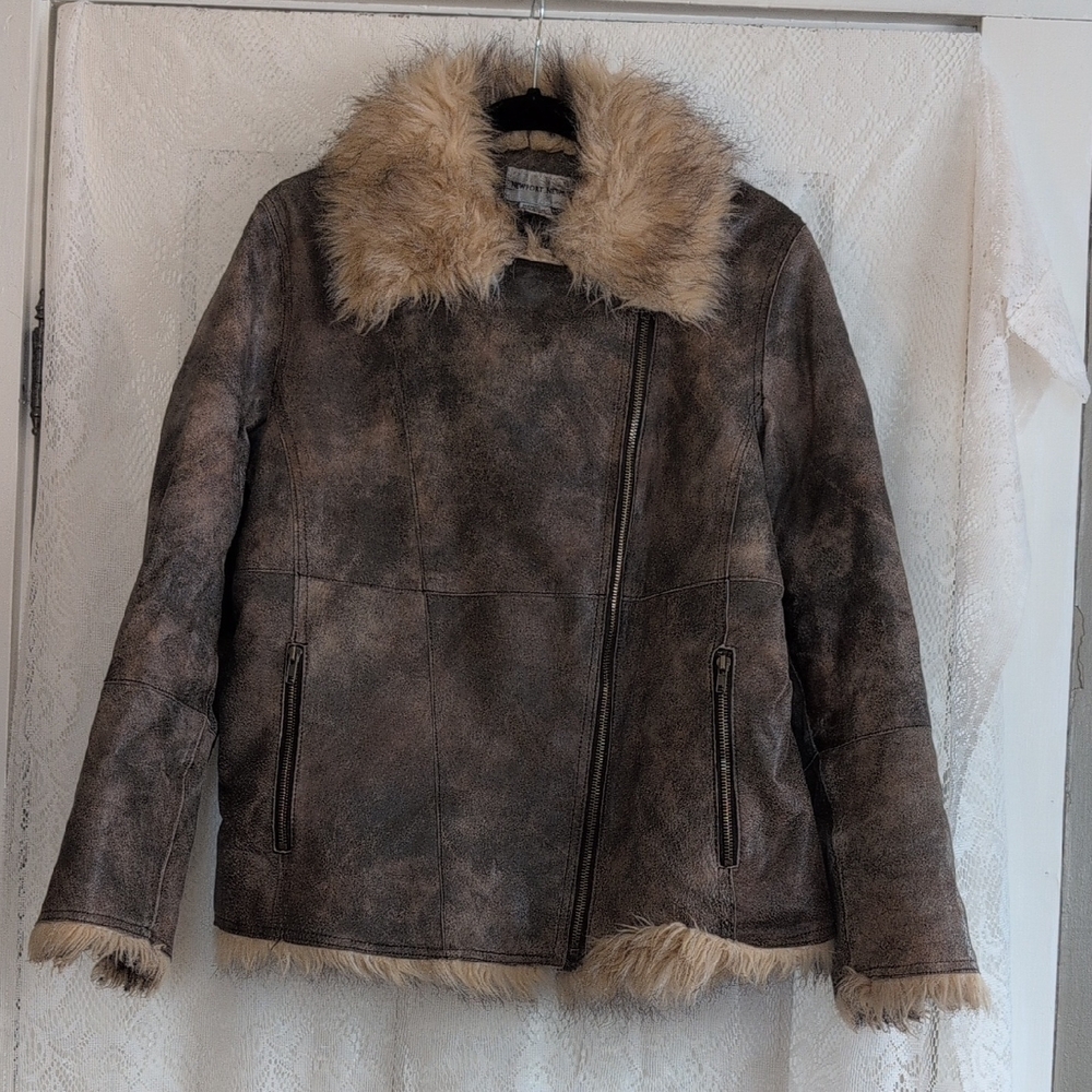 Newport News Brown Leather Jacket with Faux Fur Trim